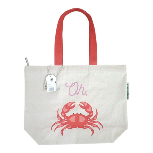 Duurzame tas van gerecycled katoen met de print van een krab in kleuren rood en roze. Tekst is oh crab. Rode lange hengsels