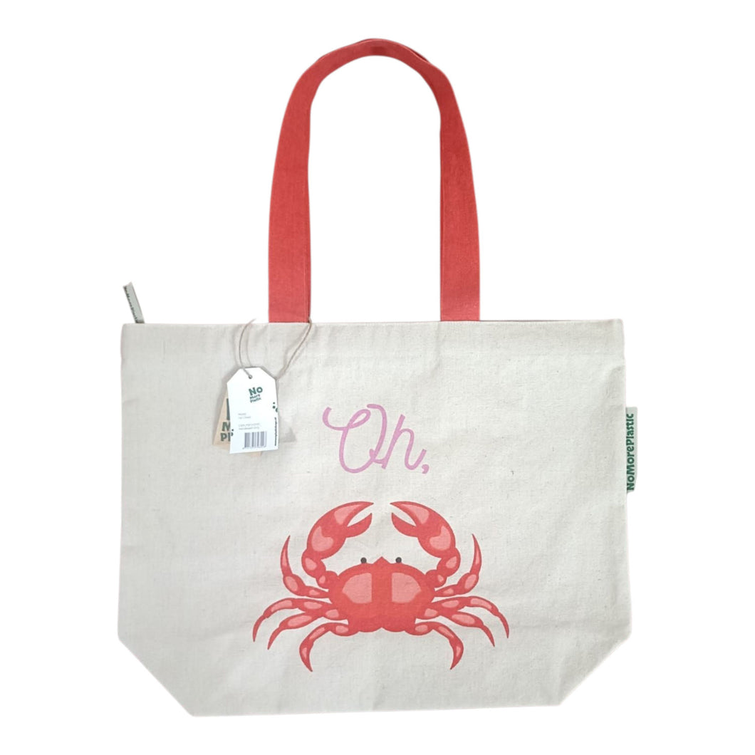 Duurzame tas van gerecycled katoen met de print van een krab in kleuren rood en roze. Tekst is oh crab. Rode lange hengsels